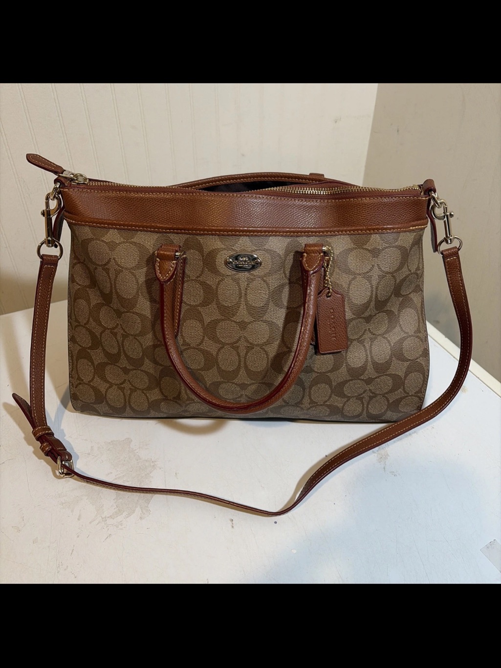 Coach Morgan Signature Leather & Coated Canvas Satchel/Shoulder Hand Bag F34617